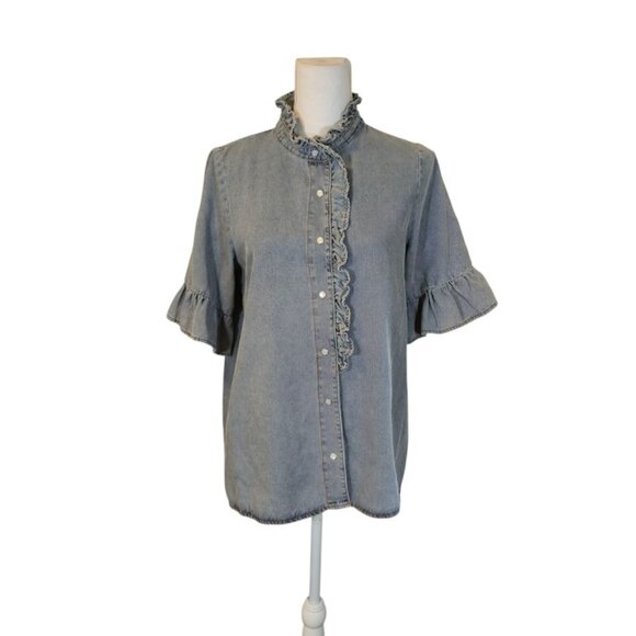 Mazik Denim Snap Front Top Women Size Small Gray Ruffle Casual Preppy Feminine - Picture 1 of 7